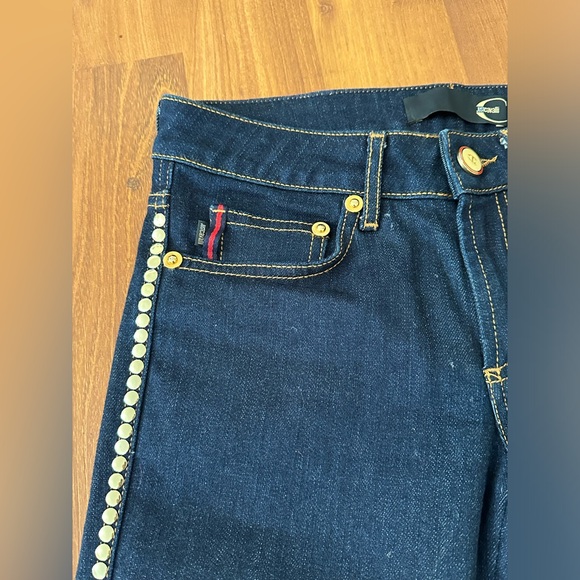 JustCavalli dark blue denim pants with round flat gold studs on the side Size 27 - Picture 4 of 15
